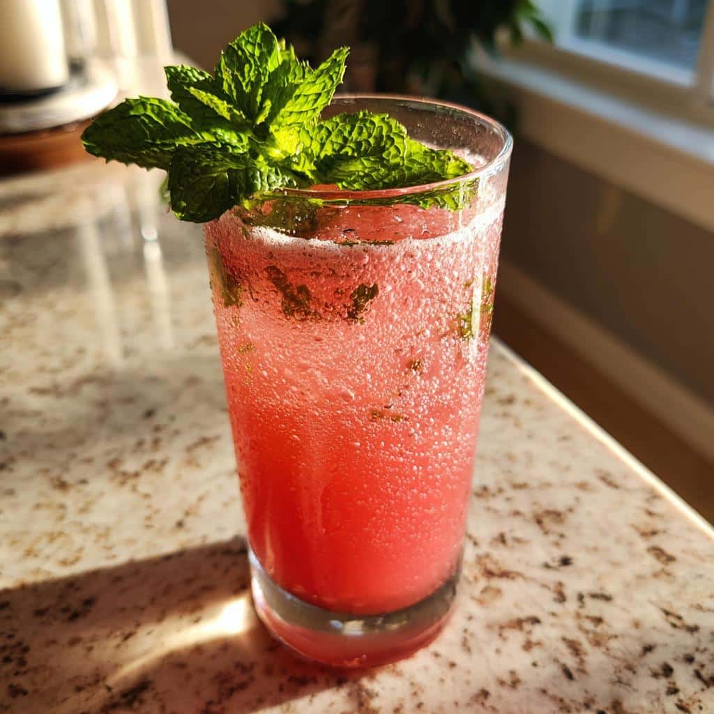 A tall glass filled with a bubbly, pink Refreshing Watermelon Mint Cooler, garnished with fresh mint leaves.
