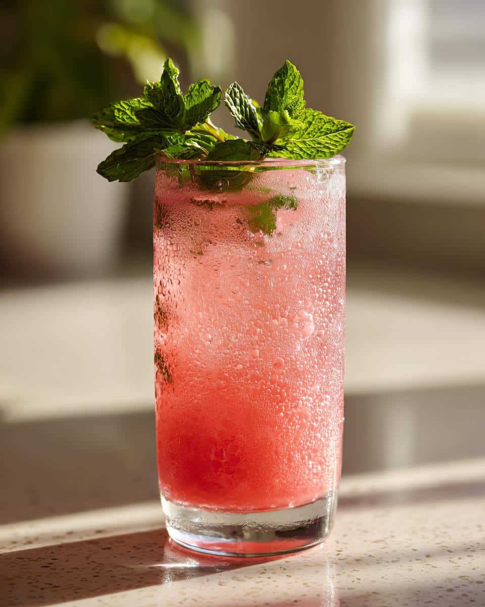 A tall, condensation-covered glass filled with a pink Refreshing Watermelon Mint Cooler, garnished with fresh mint sprigs.