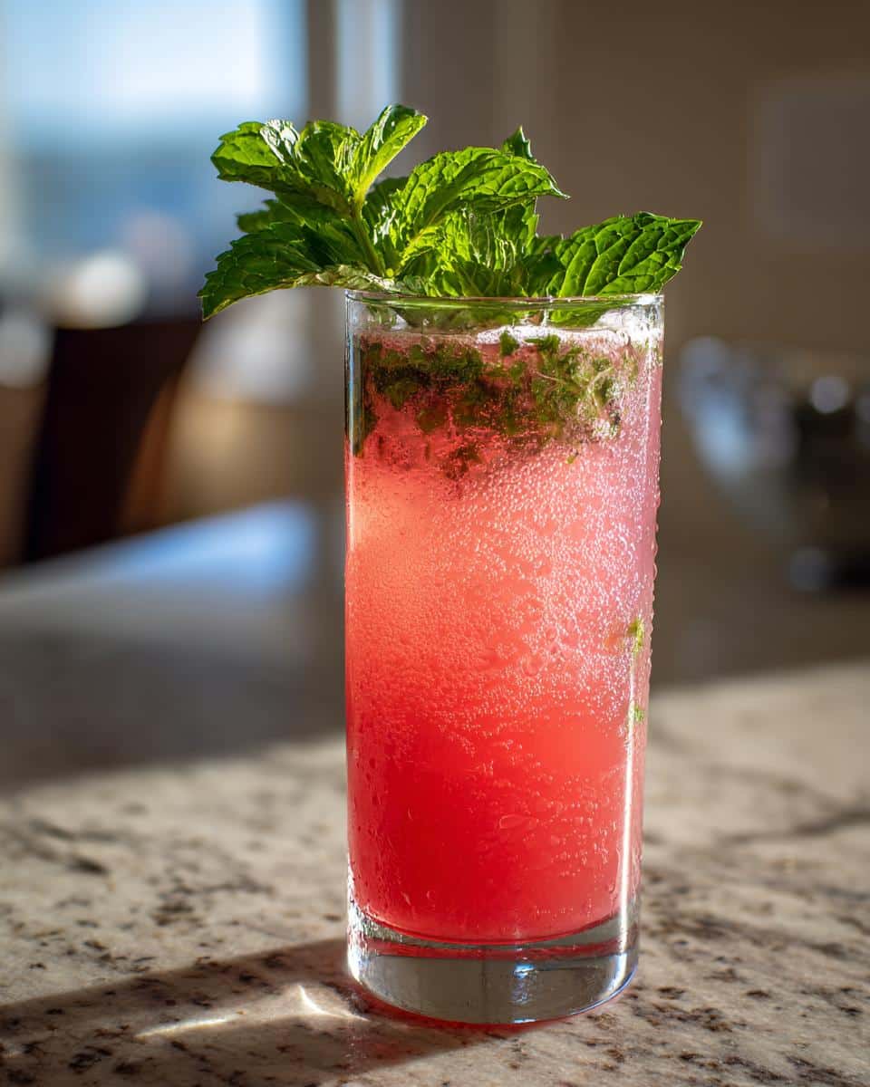 A tall glass filled with a bubbly, pink Refreshing Watermelon Mint Cooler, garnished with fresh mint leaves.