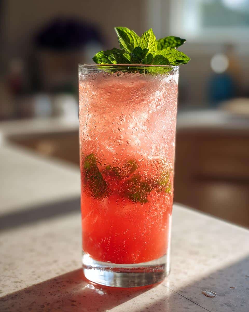 Close-up of a tall glass filled with a bubbly, pink Refreshing Watermelon Mint Cooler, garnished with fresh mint leaves.