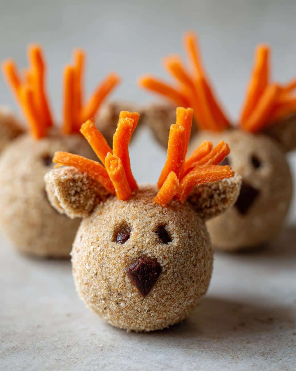 Close-up of a Reindeer Cheese Balls for pet treat decorated with carrot antlers and dried fruit features.