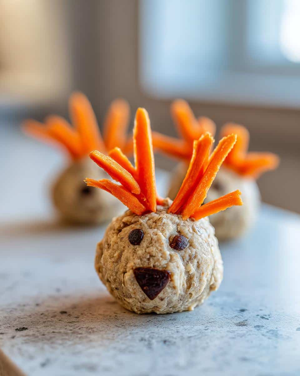 Close-up of a festive Reindeer Cheese Balls for pet treat decorated with carrot antlers and dried fruit features.
