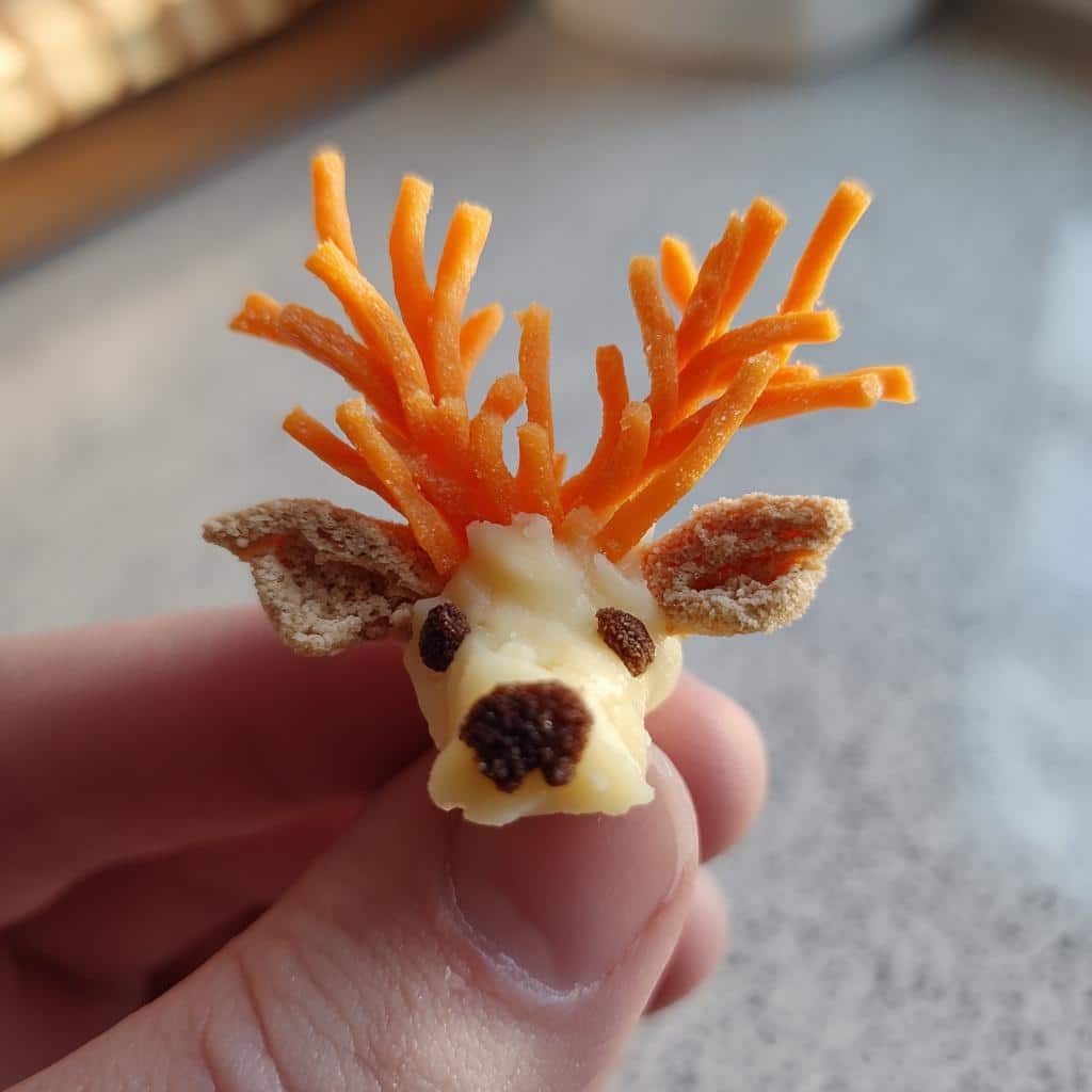 A hand holding a small, decorative Reindeer Cheese Balls treat for a pet, featuring carrot antlers and seed eyes.