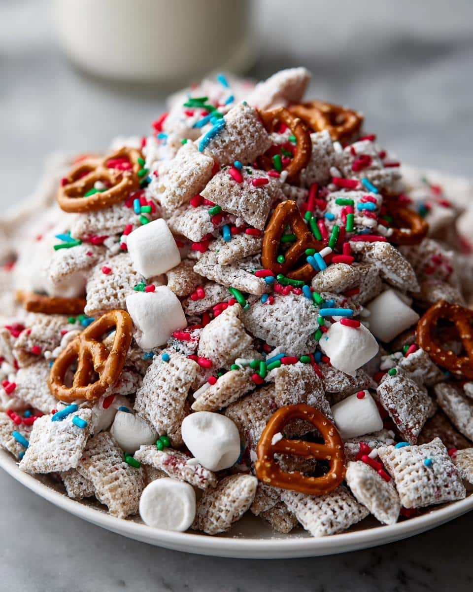 A mound of festive Reindeer Food Puppy Chow mix featuring powdered sugar coated cereal, mini pretzels, marshmallows, and colorful sprinkles.