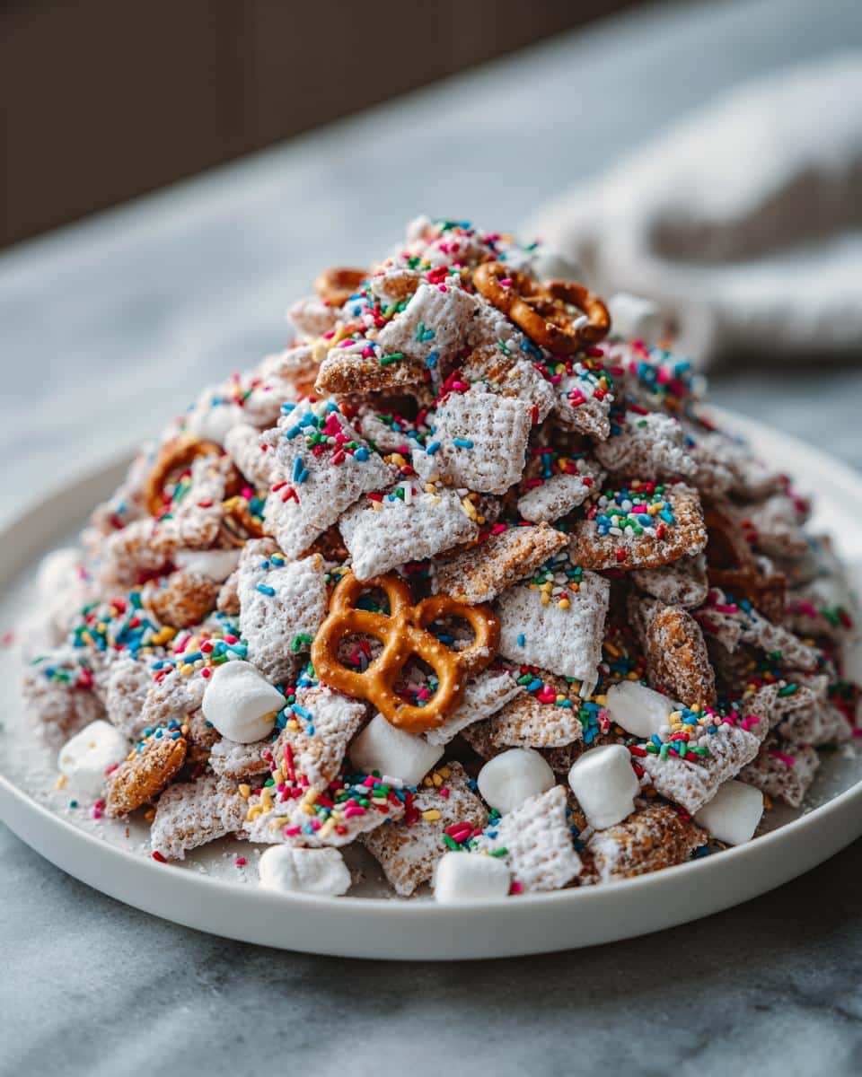 A tall mound of colorful Reindeer Food Puppy Chow mixed with pretzels and mini marshmallows on a white plate.