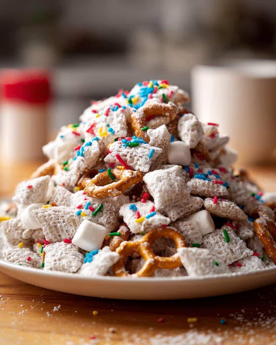 A mound of festive Reindeer Food Puppy Chow mix featuring powdered sugar-coated cereal, pretzels, marshmallows, and colorful sprinkles.