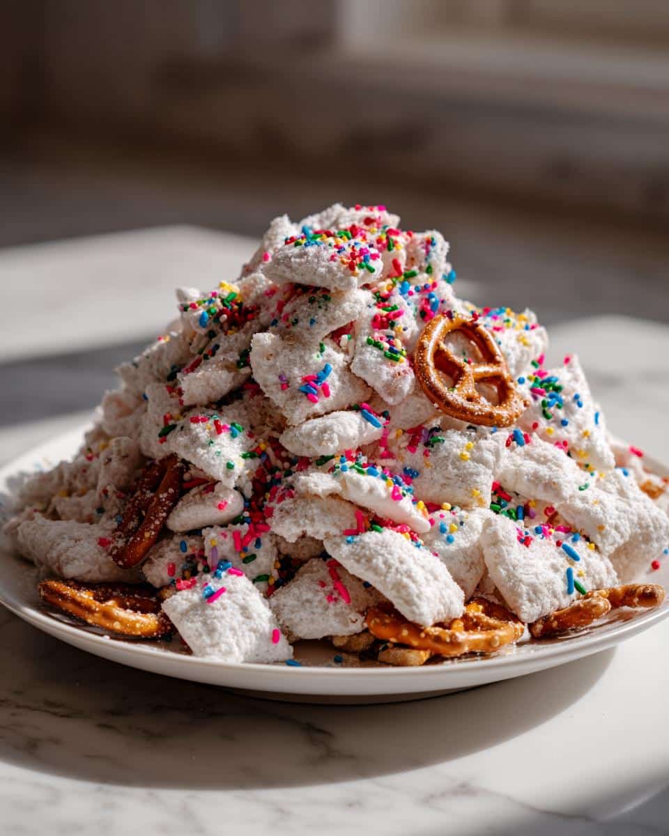 A mound of white powdered Reindeer Food Puppy Chow mixed with pretzels and colorful sprinkles on a white plate.