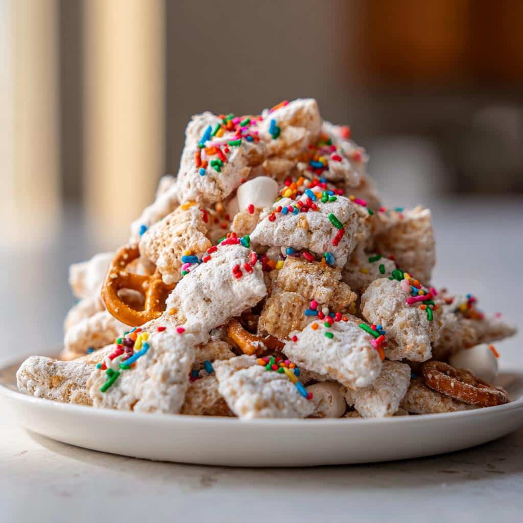 A mound of festive Reindeer Food Puppy Chow coated in powdered sugar with colorful sprinkles and pretzels.