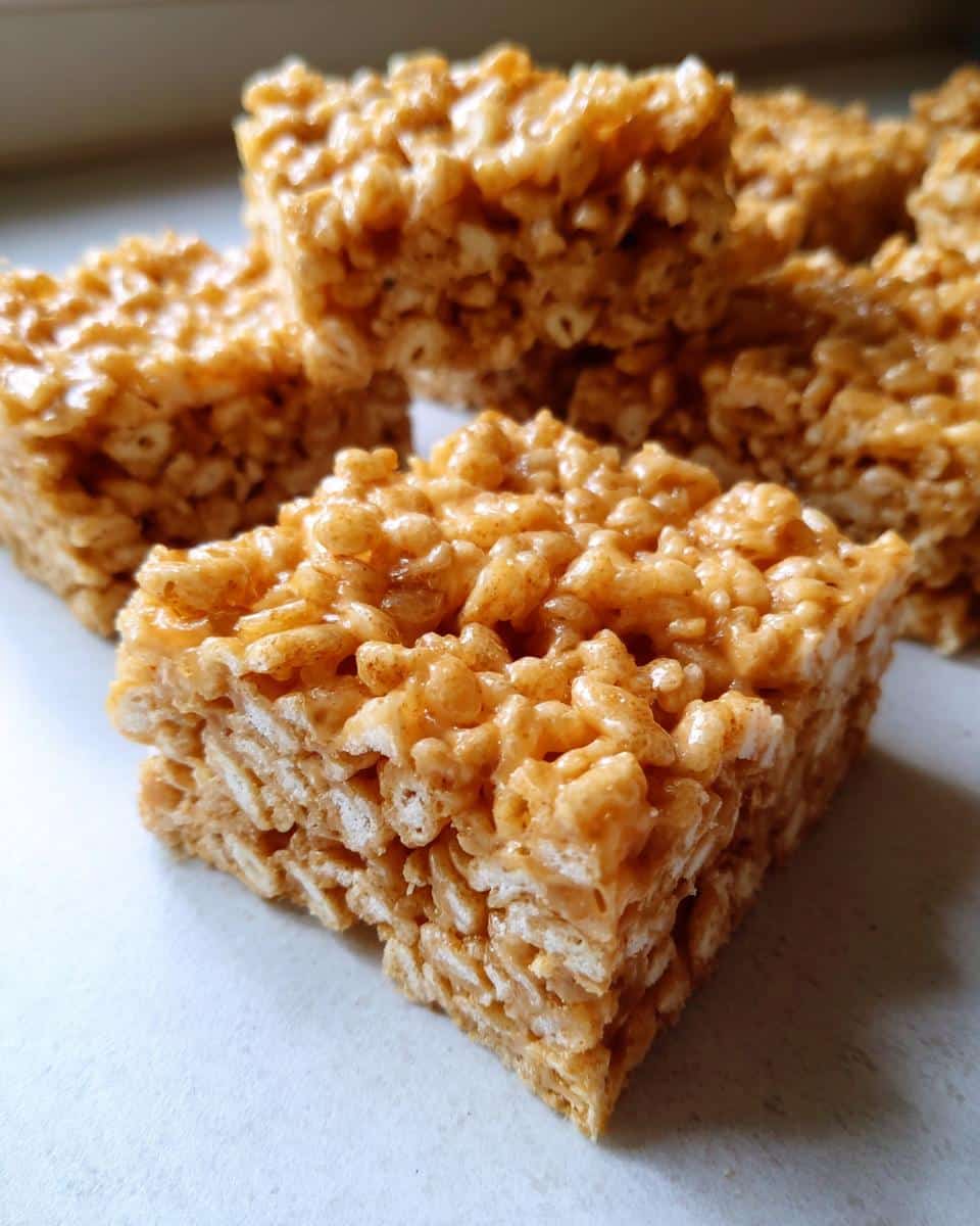 A close-up of several square, chewy Rice Krispie Treats for Dogs, bound together with a sticky, golden-brown mixture.