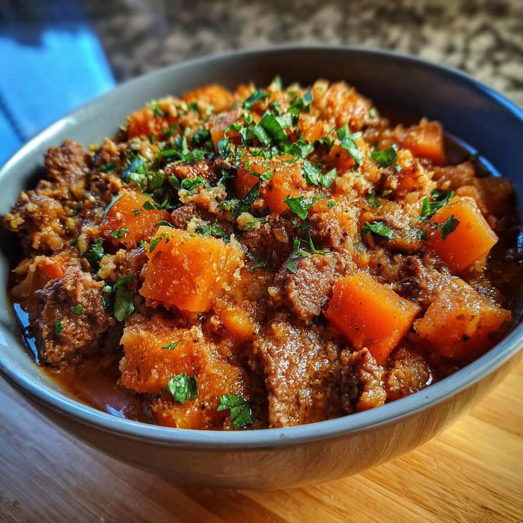 Close-up of a bowl containing the Rice Pea Mild Senior Dog Dish, featuring ground meat, soft orange squash, and rice, topped with parsley.