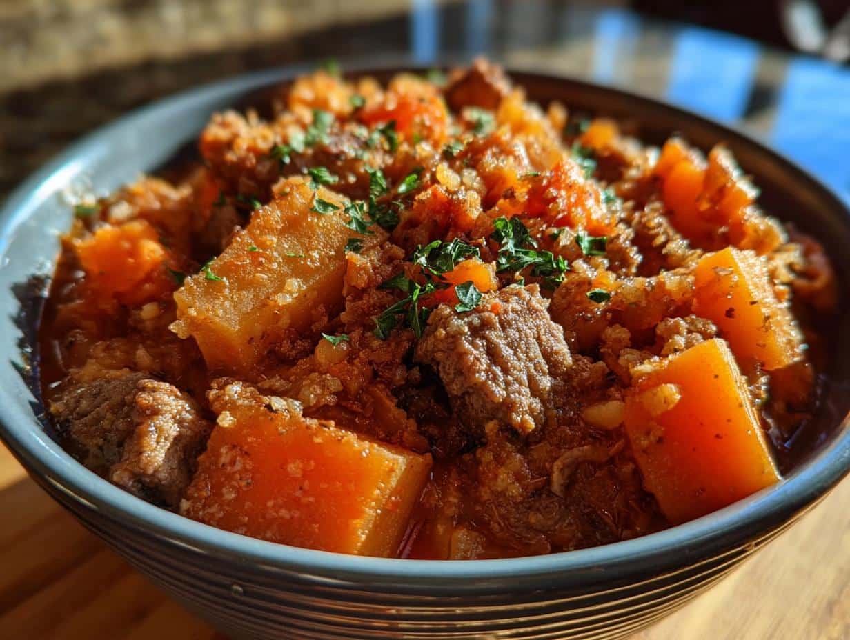Close-up of a bowl containing the Rice Pea Mild Senior Dog Dish, featuring chunks of meat, soft orange vegetables, and rice.