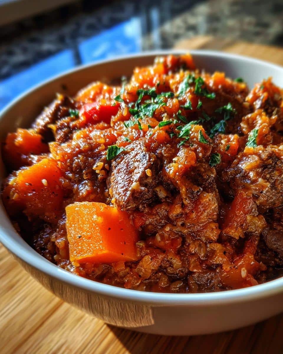 Close-up of a hearty Rice Pea Mild Senior Dog Dish featuring chunks of meat, orange sweet potato, and rice, topped with parsley.