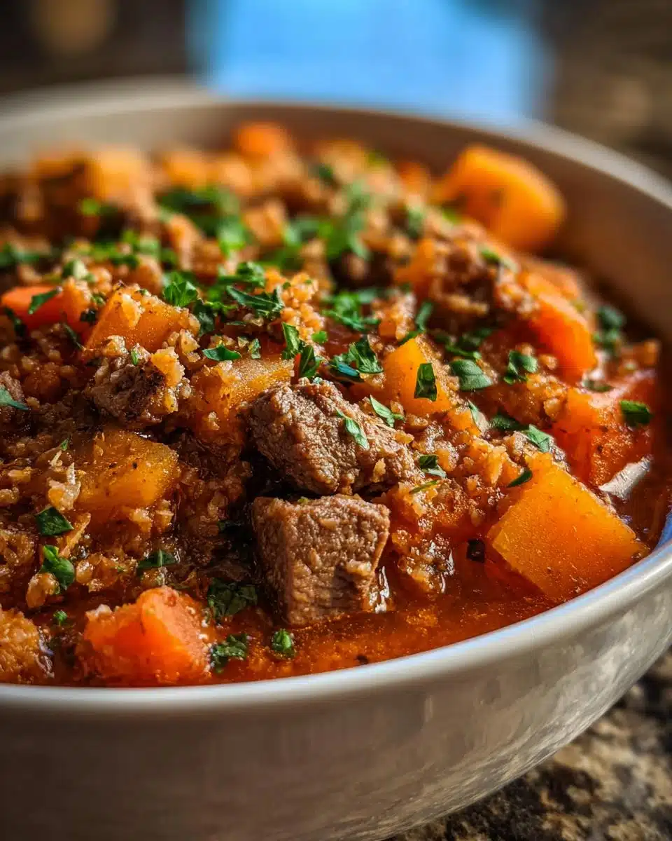 Close-up of a hearty stew containing chunks of meat, orange vegetables, and rice, suitable for a Rice Pea Mild Senior Dog Dish.