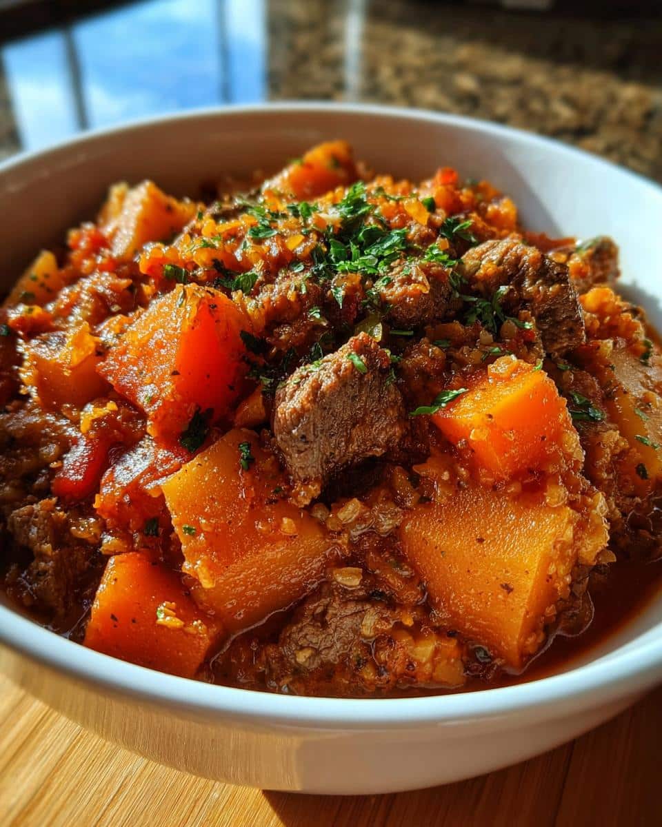 Close-up of a gentle stew containing soft meat chunks, orange squash, and rice, suitable for a Rice Pea Mild Senior Dog Dish.