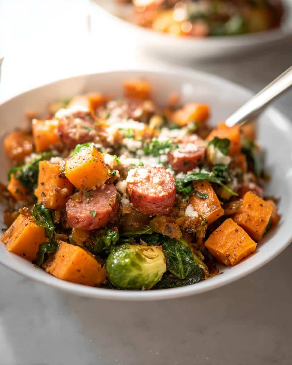 Close-up of a bowl containing roasted sweet potatoes, sausage slices, Brussels sprouts, and greens, topped with cheese.