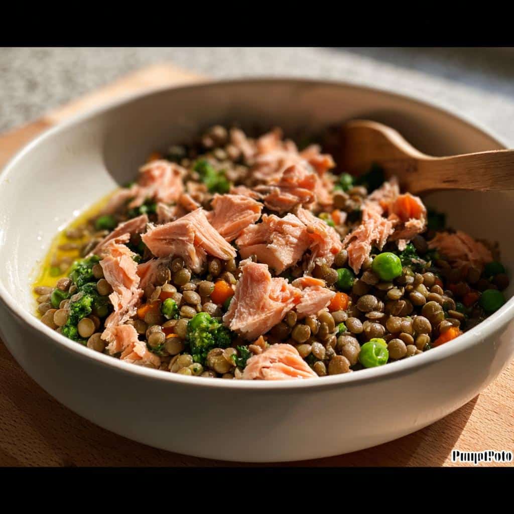 Close-up of a bowl containing Salmon Lentil Strength Dog Meal with flaked salmon, lentils, peas, and carrots.