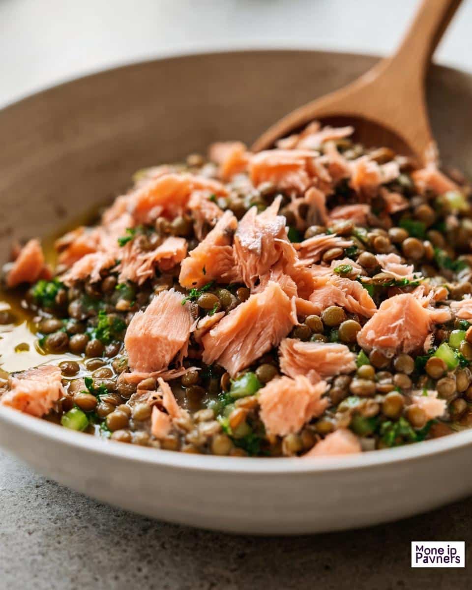 Close-up of Salmon Lentil Strength Dog Meal featuring flaked salmon over green lentils and herbs in a bowl.
