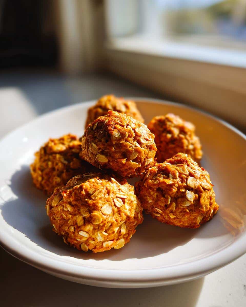 A small pile of baked, round Salmon & Oat Treats studded with visible oats on a white plate.