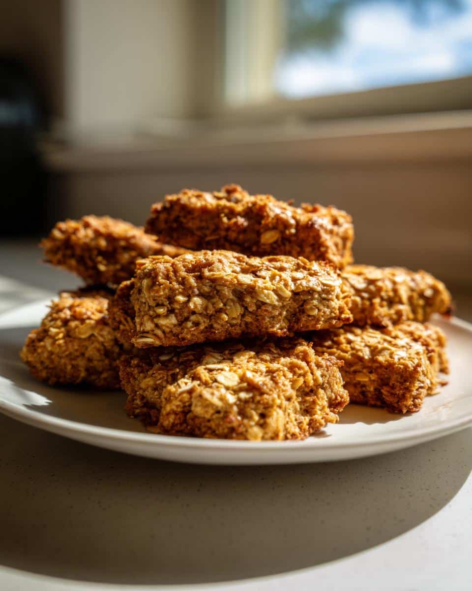 A stack of golden brown, textured Salmon & Oat Treats piled on a white plate, backlit by natural window light.