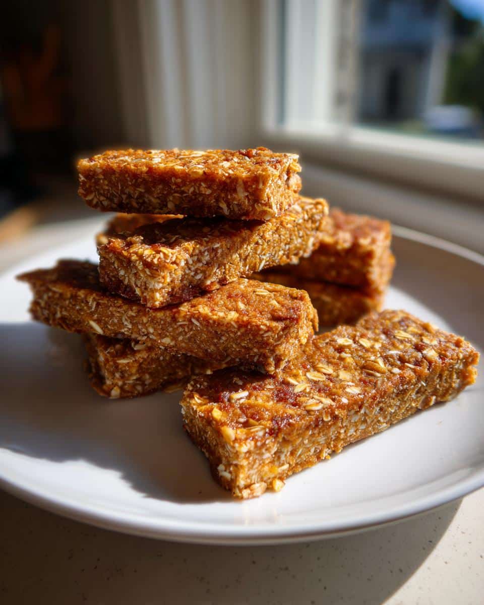A stack of homemade Salmon & Oat Treats bars, showing visible oats, resting on a white plate near a bright window.