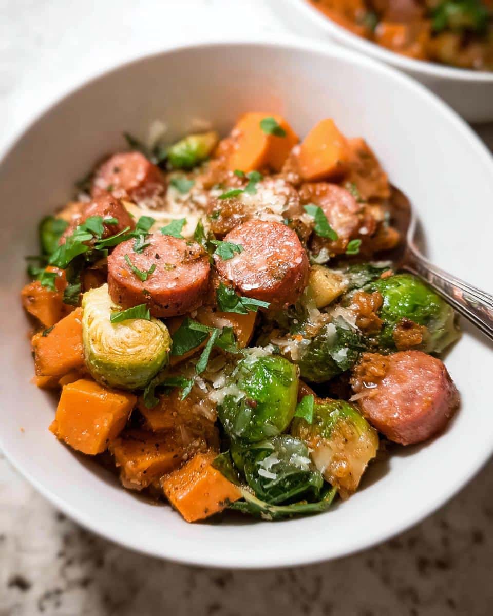 Close-up of a bowl containing sliced sausage, roasted sweet potatoes, and Brussels sprouts, topped with cheese and herbs.