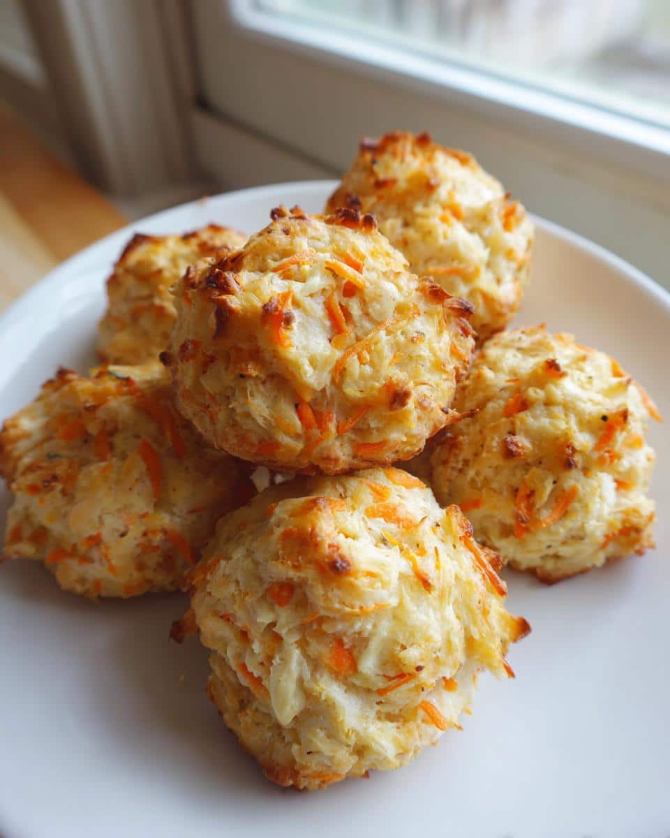 A pile of five golden-brown chicken and carrot cookies with visible shredded carrots on a white plate.