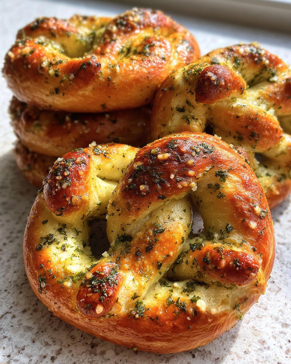 A stack of freshly baked Dill Pretzels coated in a glistening garlic butter and herb topping.