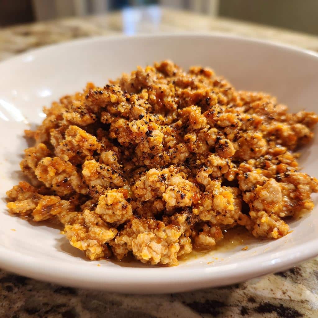 Close-up of seasoned and cooked ground turkey piled high in a white bowl, ready for a quick dinner.