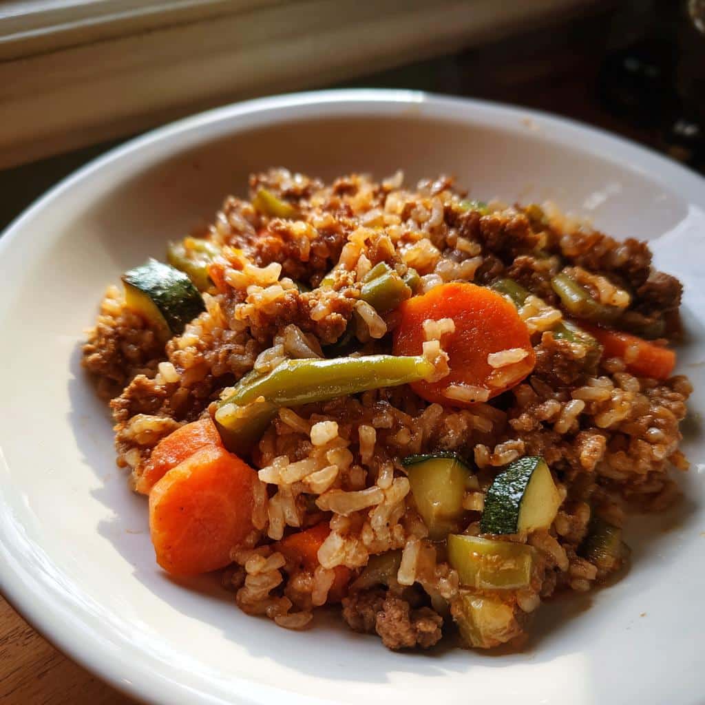 A close-up serving of Crockpot Dog Food with Ground Beef, rice, carrots, zucchini, and green beans in a white bowl.