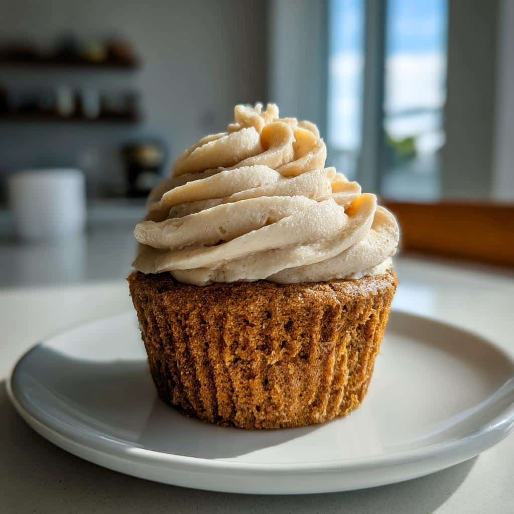 A single Carrot Cake Pupcake topped with a generous swirl of light brown frosting, sitting on a white plate.