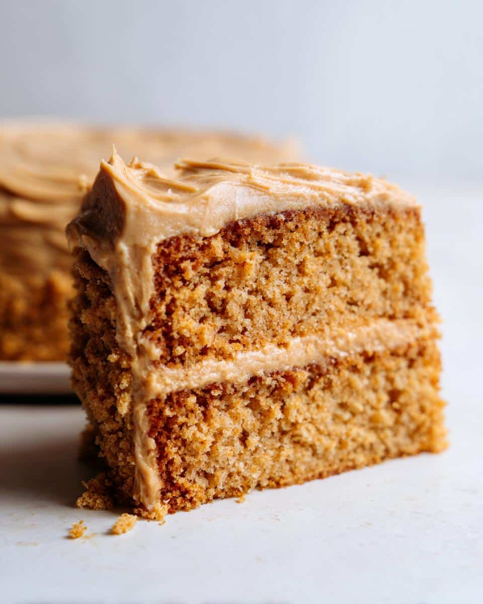 Close-up of a thick slice of brown layered cake with creamy peanut butter frosting, similar to a Spoiled Dog Cake.