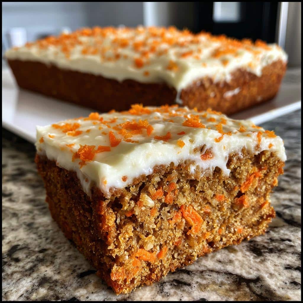 Close-up of a slice of carrot cake with thick white frosting and orange zest, resembling a No-Bake Yogurt Cake for Dogs.