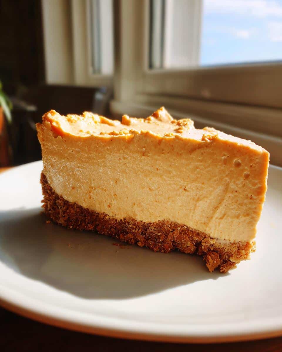 A thick slice of creamy, orange-hued Cheesecake for Dogs with a visible graham cracker crust, sitting on a white plate.
