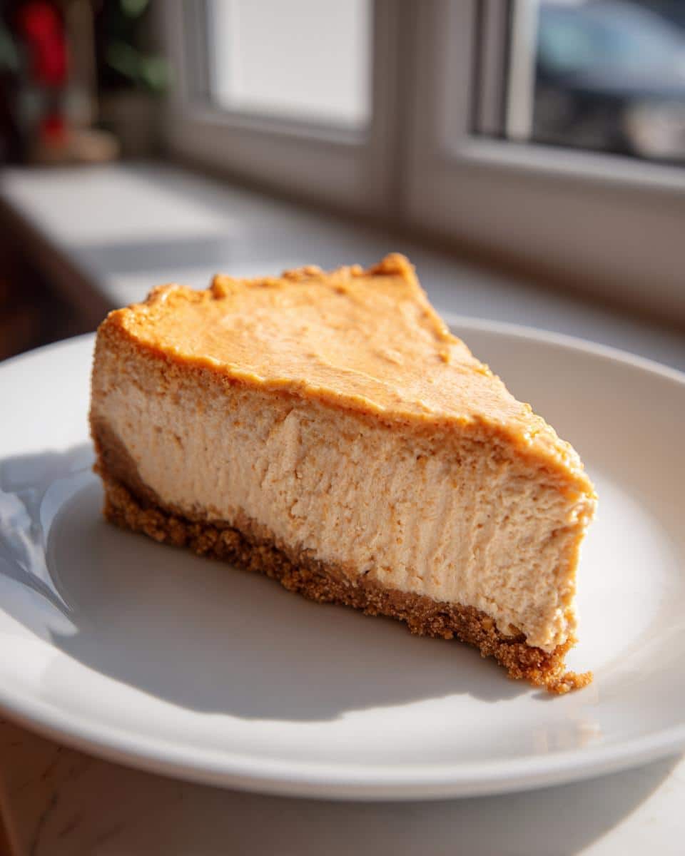 A close-up slice of orange-hued Cheesecake for Dogs with a thick graham cracker crust on a white plate.