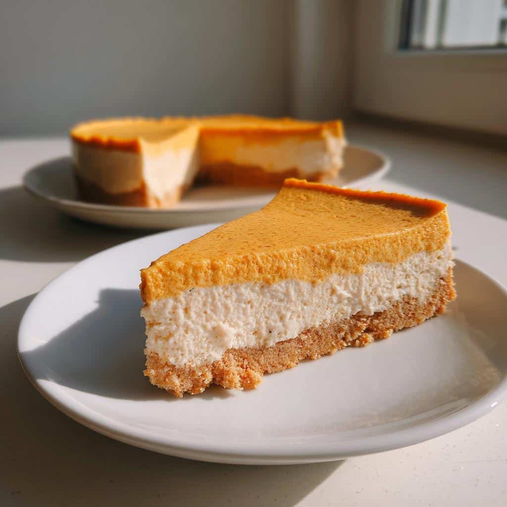 A thick slice of layered pumpkin cheesecake for dogs with a graham cracker crust, sitting on a white plate.