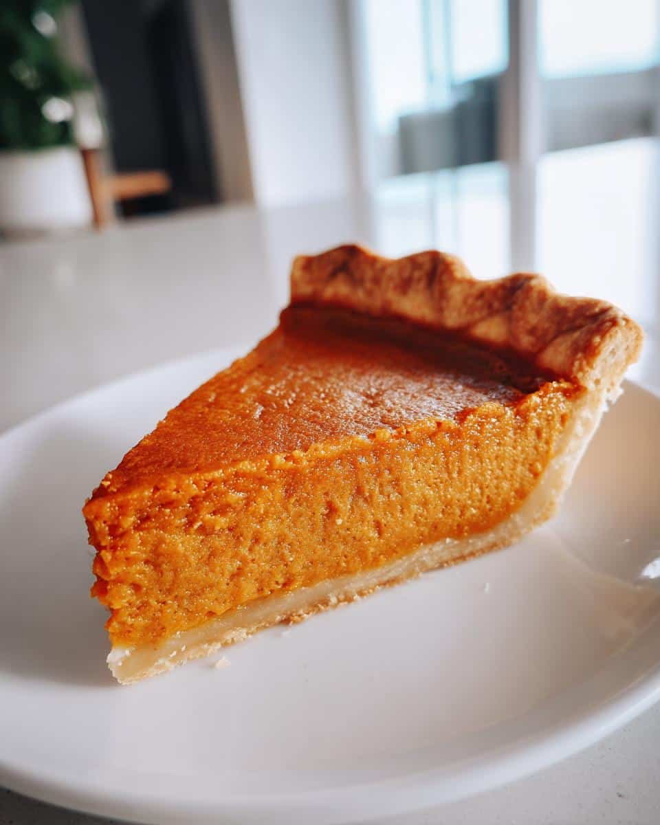 A close-up slice of bright orange Pumpkin Pie for Dogs with a flaky crust on a white plate.