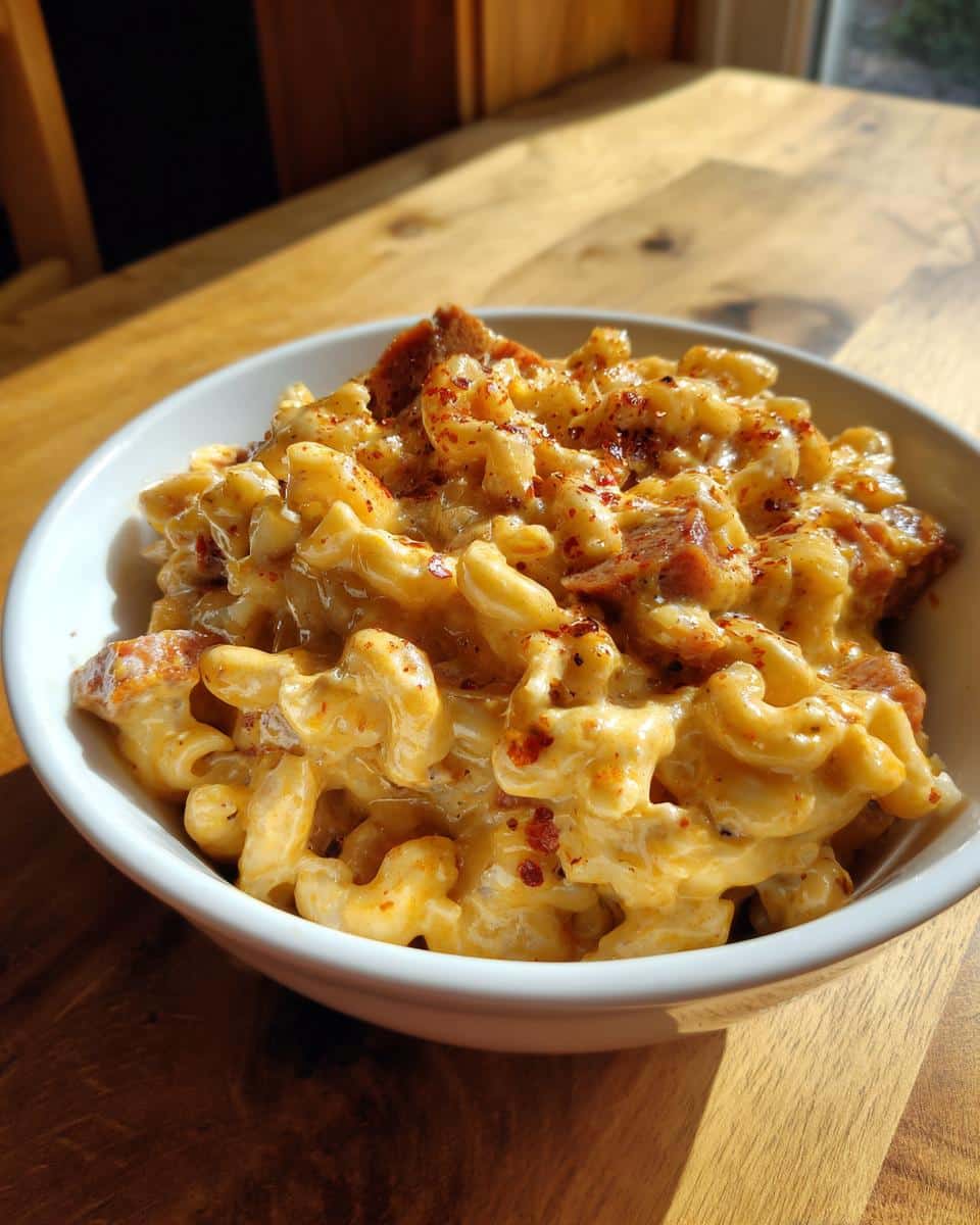Close-up of a white bowl filled with creamy Smoky Cajun Sausage & Cheese Mac, topped with sausage pieces and red pepper flakes.