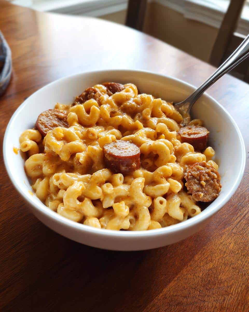 A white bowl filled with creamy macaroni and cheese topped with slices of Smoky Cajun Sausage & Cheese Mac.