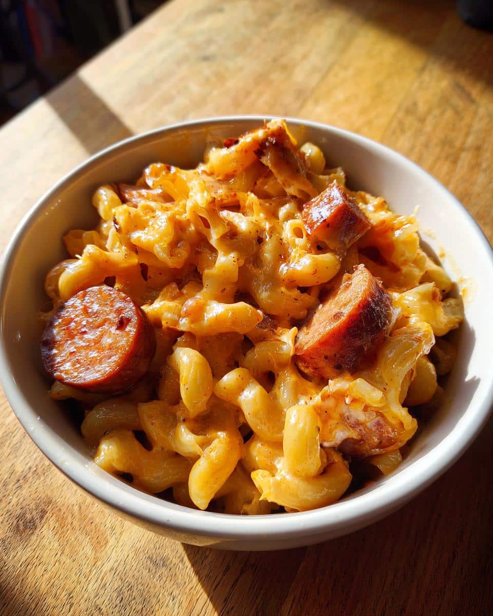 Close-up of creamy macaroni mixed with cheese sauce and topped with slices of Smoky Cajun Sausage & Cheese Mac.