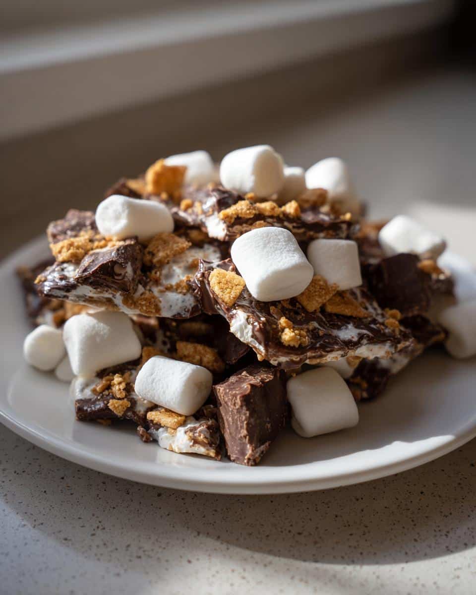 A pile of broken S’mores chow pieces topped with mini marshmallows, chocolate chunks, and graham cracker crumbs on a white plate.