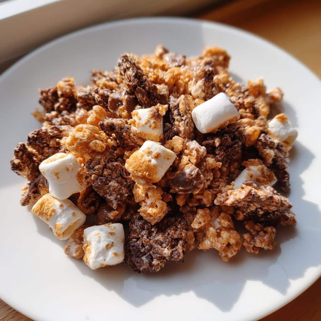 A close-up of delicious S’mores chow mixture featuring chocolate, cereal, and toasted marshmallows on a white plate.