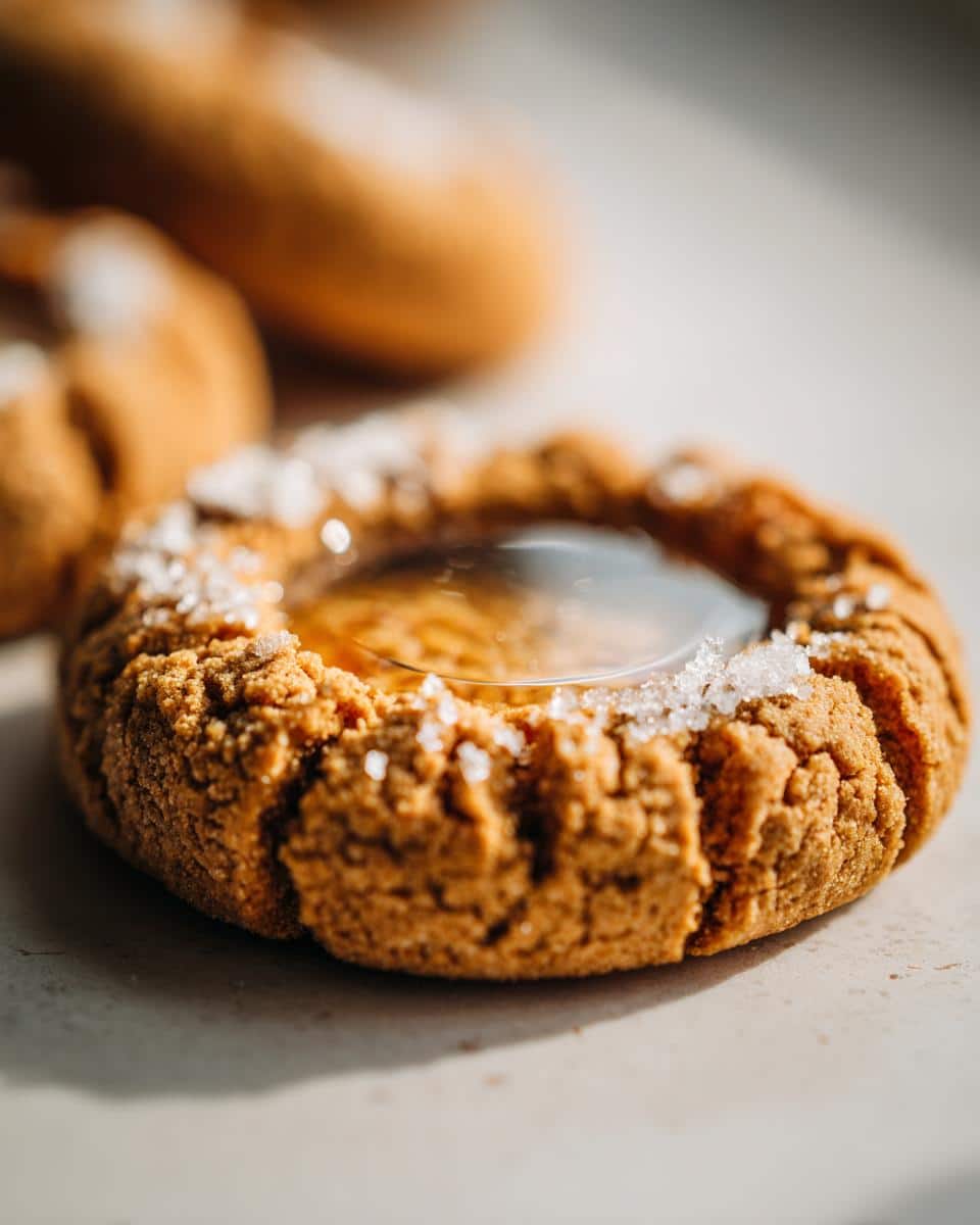 Close-up of a textured, round Snow Globe Cookies Dog treats with a clear filling and coarse sugar rim.
