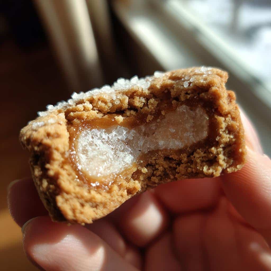 Close-up of a Snow Globe Cookies Dog treats cut in half showing the brown exterior, caramel-like filling, and white center.