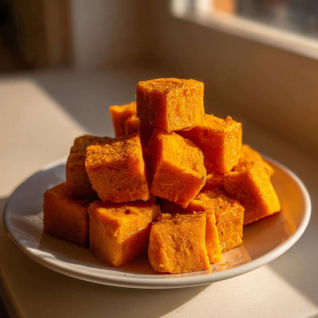 A mound of bright orange, soft butternut squash training treats stacked on a white plate, backlit by sunlight.