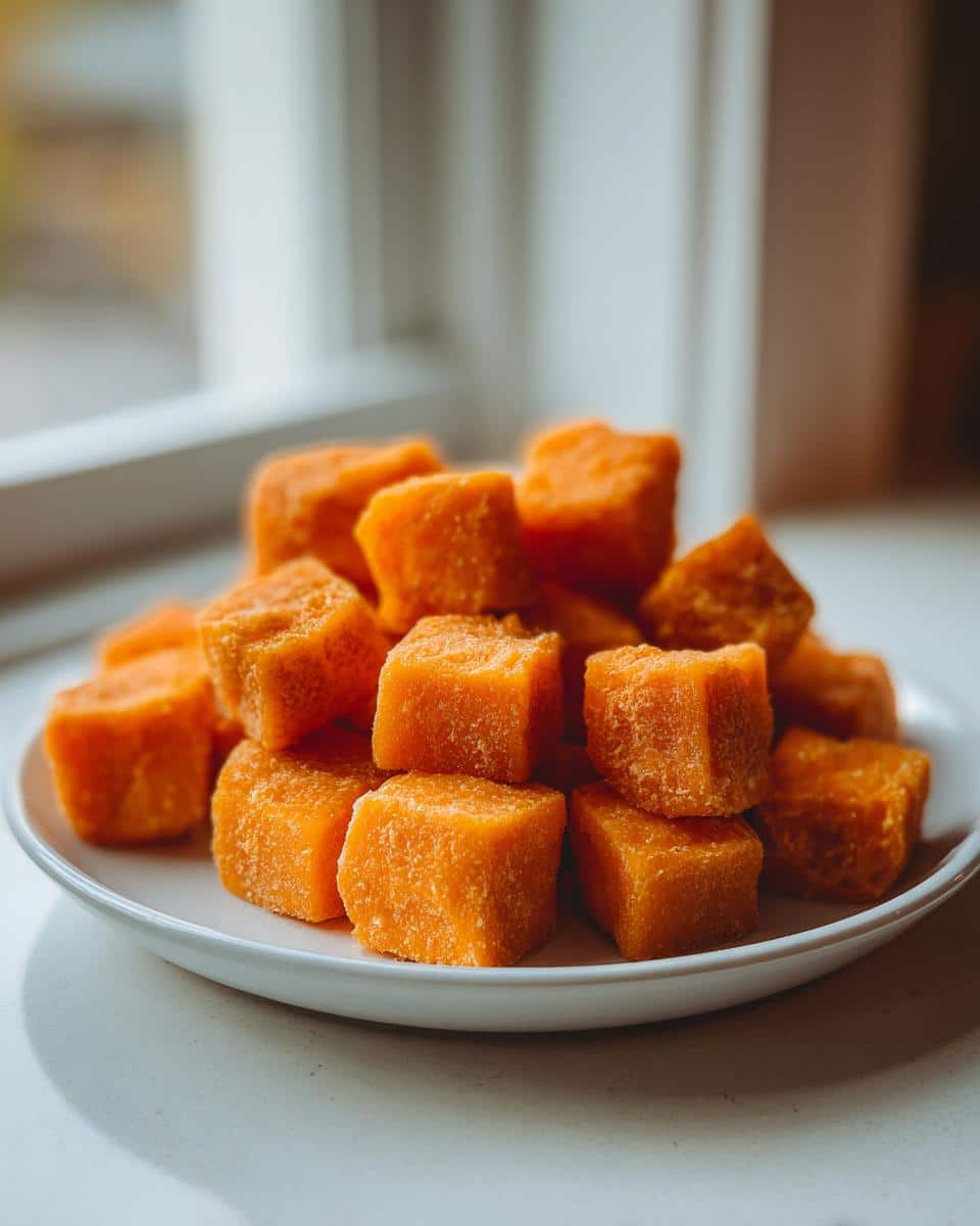 A pile of bright orange, cubed Soft Butternut Squash Training Treats on a white plate near a window.