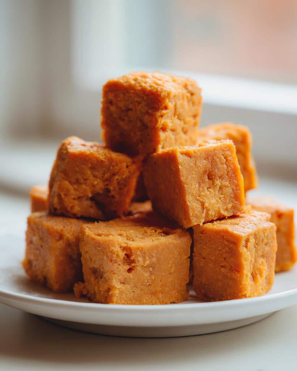 A stack of bright orange, soft Butternut Squash Training Treats cut into small cubes on a white plate.