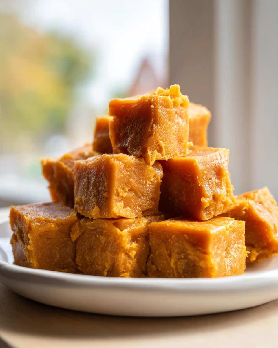 A stack of bright orange, soft butternnut squash training treats cubes piled on a white plate.
