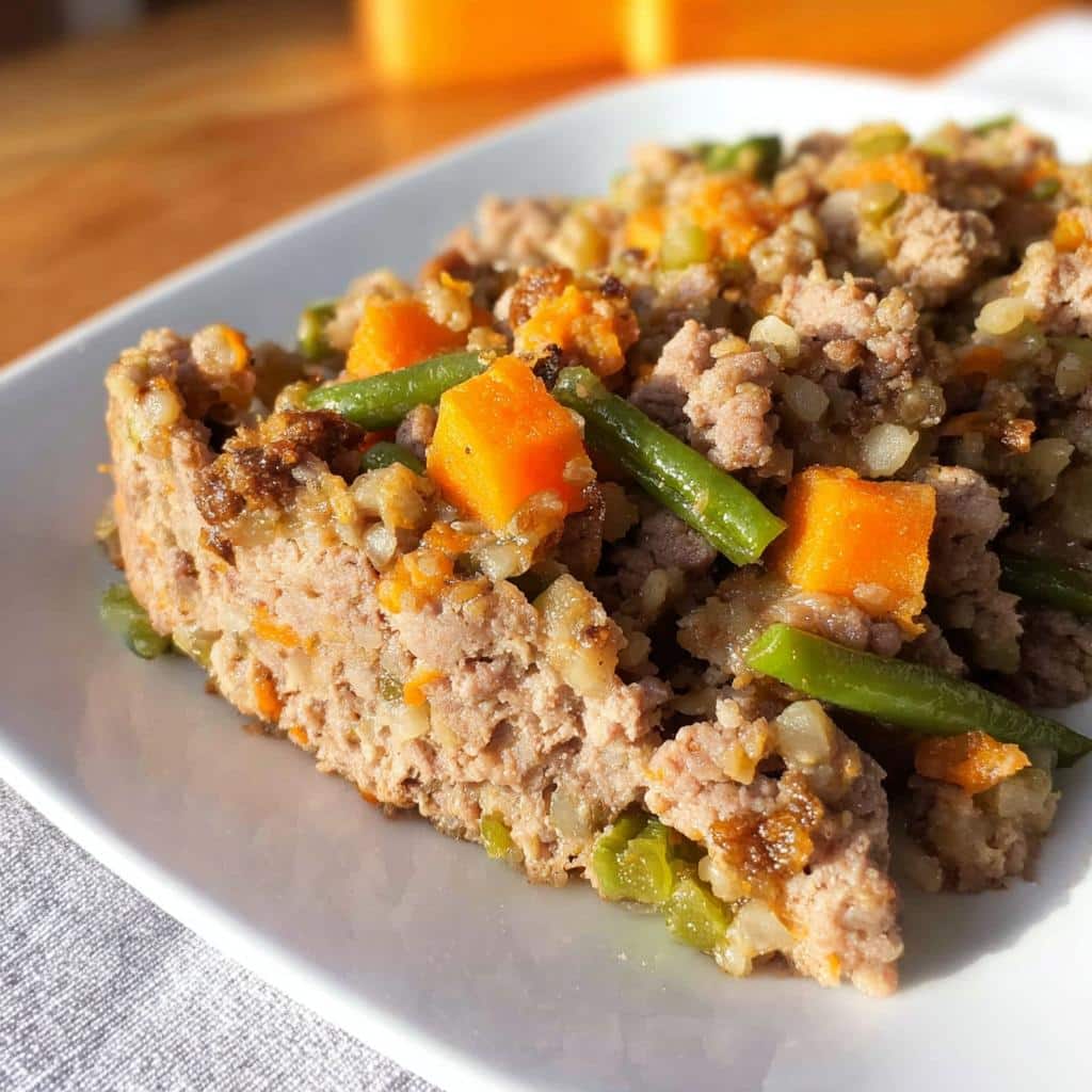 A close-up of a portion of Soft Lamb Barley Senior Plate, showing ground lamb mixed with barley, bright orange sweet potato chunks, and green beans.