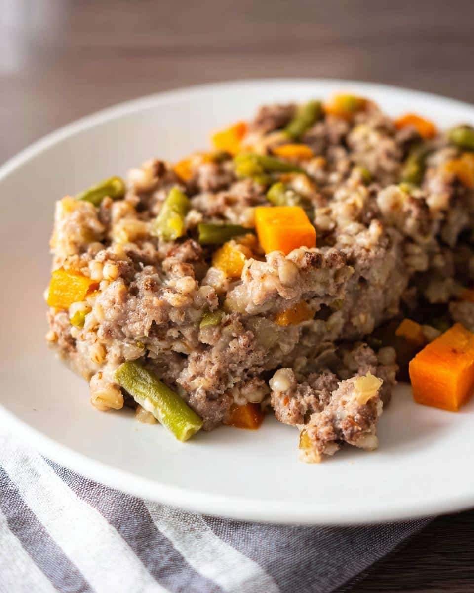 A close-up of a portion of Soft Lamb Barley Senior Plate, showing ground meat mixed with barley and diced orange vegetables.