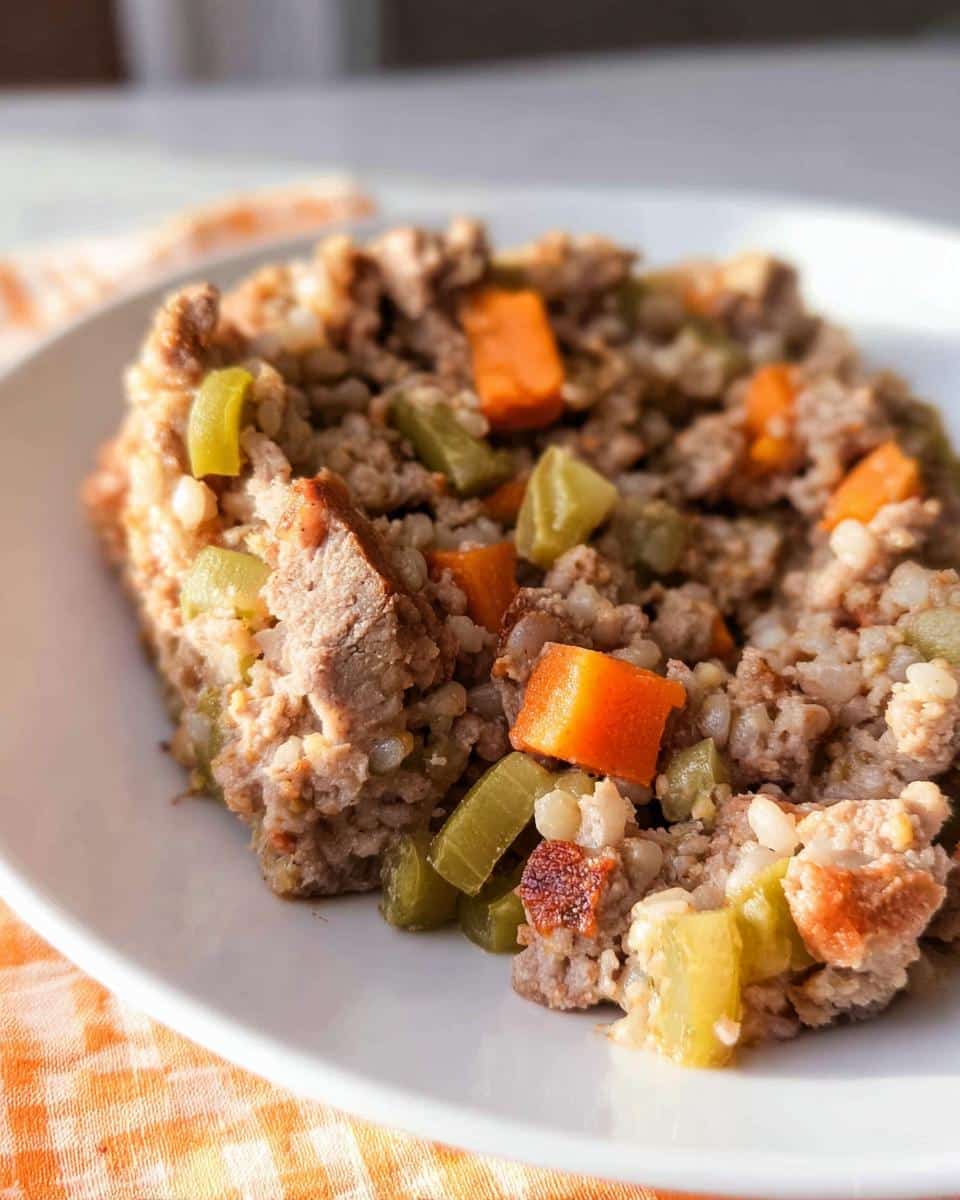A close-up of a portion of Soft Lamb Barley Senior Plate on a white dish, showing ground lamb mixed with barley and soft diced carrots and celery.